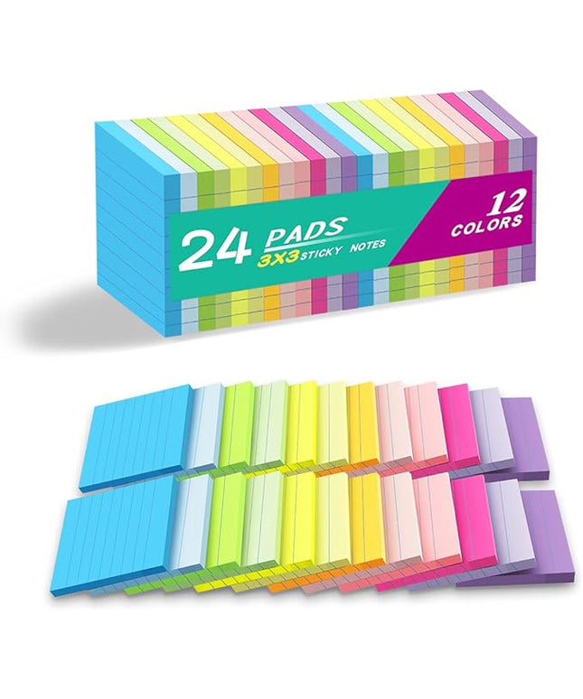 (24 Pack) Lined Sticky Notes 3x3 in,Notepads with Lines,Ruled Stickies Super Sticking Power,Office School Memo Note Pads Bright Colors,Post on Windows Doors,Recyclable,Easy to Write on