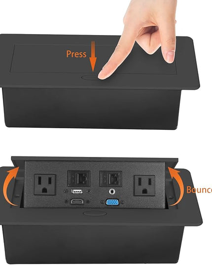 Table Pop up Power Strip Box Desktop Pop Up Outlet Recessed Multimedia Strip Socket Conference Table Power Hub Hidden Table Connection Box with Outlet Network HDMI for Office Desk (Black-A)