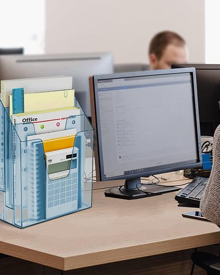 Acrimet Vertical Triple File Folder Holder Organizer, File Sorter (Plastic) (Clear Blue Color)