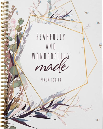 Softcover Wonderfully Made 8.5" x 11" Religious Spiral Notebook/Journal, 120 College Ruled Pages, Durable Gloss Laminated Cover, Gold Wire-o Spiral. Made in the USA