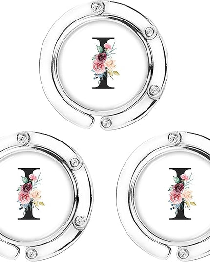 Iqimott 3pcs Personalized Initial Foldable Purse Hook for Table, Flower Letter Folding Handbag Hanger Portable Magnet Table Hook Holder, Collection Desk Purse Hooks for Women Bag (Black-I)
