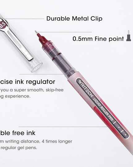 WRITECH Liquid Ink Rollerball Pens: Multi Colored 0.5mm Extra Fine Point Tip Rolling Roller Ball Pen 8ct Assorted Colors for Journaling Smooth Writing Note Taking No Bleed & Smudge & Smear