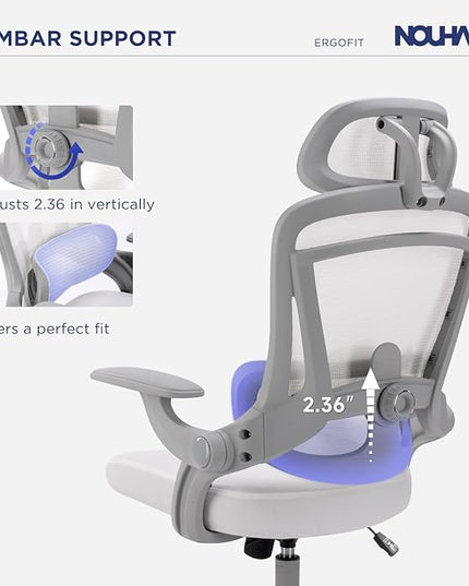 Nouhaus Ergo Fit Ergonomic Mesh Office Chair High Back Adjustable Lumbar Support Headrest and Adjustable Flip-up Armrests, Comfy Desk Chairs Swivel Computer Gaming Chair Tilt Function(N20, White)