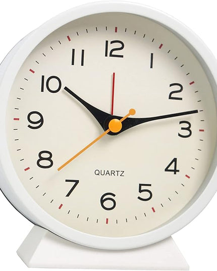 SHISEDECO 4.5" Battery Operated Antique Retro Analog Alarm Clock, Small Silent Bedside Deskclock with Light Function, Non-Ticking Tableclock Decor for Living Room, Bedroom, Bedside, Shelf (White)