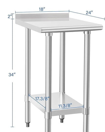 HARDURA Stainless Steel Commercial Work Table Prep Work Metal Table 24×18 Inches with Undershelf and 2" Backsplash Heavy Duty NSF 430 for Kitchen Food Prep