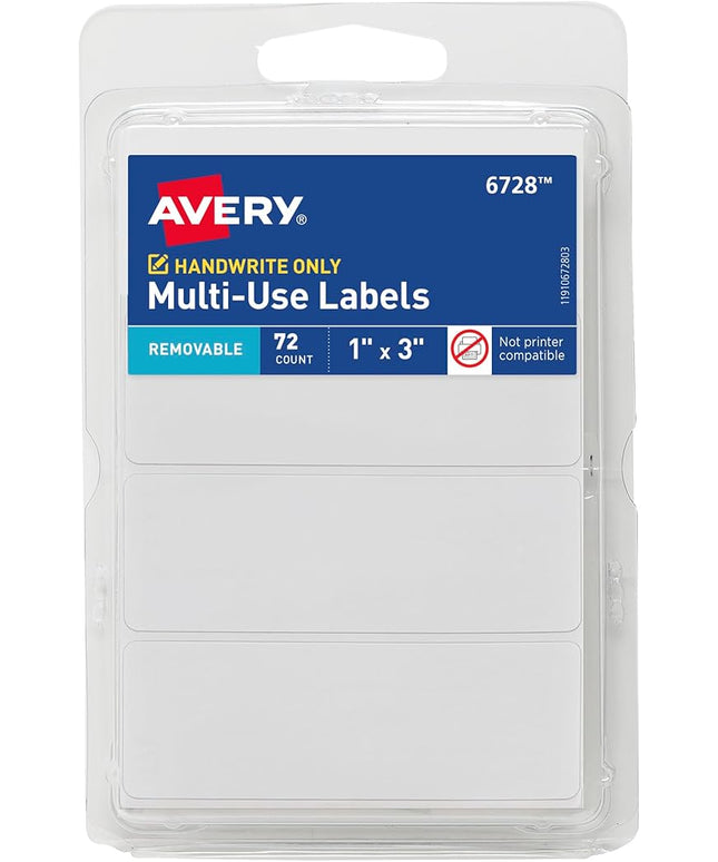 Avery Multi-Use Removable Labels, 1" x 3", White, Non-Printable, 72 Blank Labels Total (6728)
