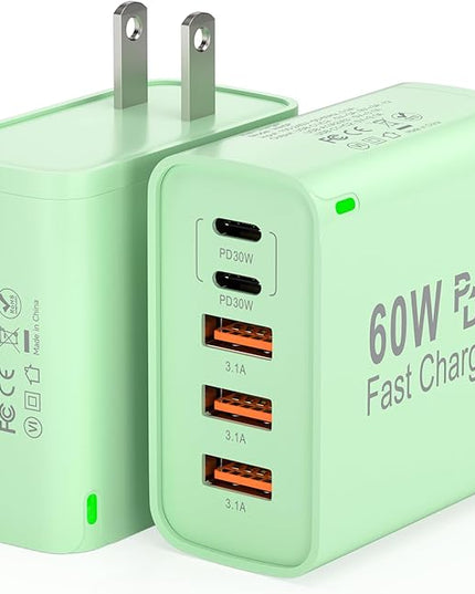 2Pack USB C Fast Charger Block, 60W 5-Port USB C Wall Charger 30W Type C Charging Block, 2USB C+3USB A PPS/PD 3.0 Multiport Charging Cube for iPhone 17 16 15 14 Pro Max,for Galaxy S25 S24 Ultra, i Pad