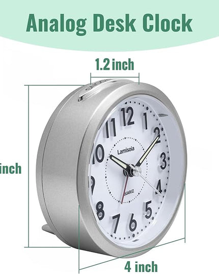 Lamisola 4 Inch Analog Battery Travel Alarm Clocks for Bedrooms, Small Desk Clock, Alarm Clocks for Bedrooms Bathroom Kithchen Home Office, Old School Bedside Table Nightstand Clock Decor, Silver