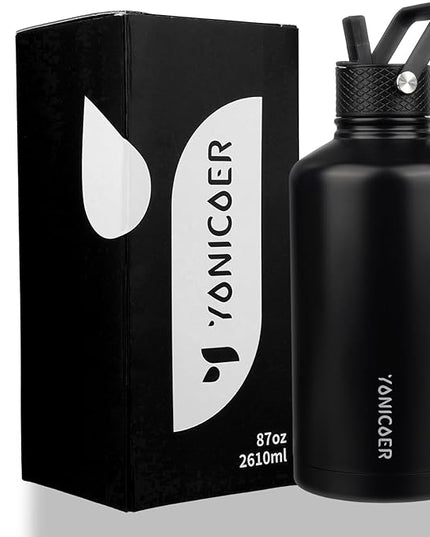 Insulated Water Bottle 87oz,Triple Wall Vacuum Stainless Steel(Dishwasher Safe),Leak Proof & Non-BPA,Flask Jug with Paracord Handle & Straw Spout Lids Sports Black