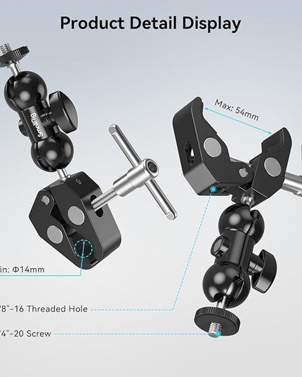 SMALLRIG Super Camera Clamp Mount, Double Ball Head Magic Arm Adapter, Fence/Desk/Tripod Mount for Monitor/Light/Camera, for Insta360, for Gopro