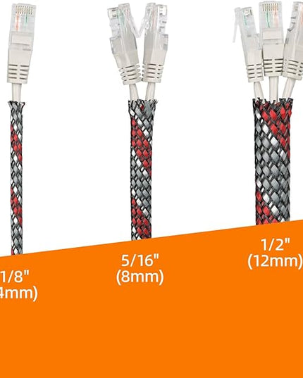 Braided Expandable Cable Sleeve, 25ft PP Cotton and PET Braided Cable Management, Flexible Mesh Wire Loom and Cable Protector for TV, Computer, Home Theater, Automotive (Red Grey White, 1/8")