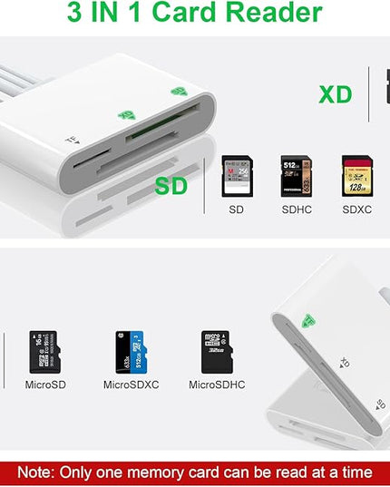 XD Card Reader, SD Card Reader for iPhone, 3 in 1 SD/TF/XD Card Reader Adapter for iPhone/USB C Device, Lightning+USB A+USB C XD Picture Card Adapter for iPhone 16/15/14/iPad/PC/Android