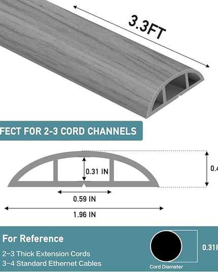 Floor Cord Cover Self Adhesive Cord Hider Floor Extension Cord Covers for Floor Power Cord Protector Cable Management Prevent Cable Trips Cable Cavity 0.59" W x 0.31" H (Light Grey Wood, 3.3Ft)