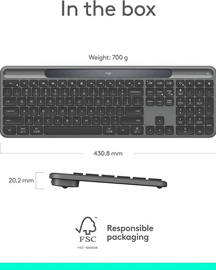 Logitech Signature Slim Solar+ Wireless Bluetooth Keyboard K980, Solar and Artificial Light Powered, Up to 10 Years Battery Life, Customizable Keys - Graphite