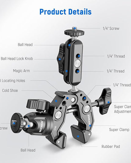 NEEWER Super Clamp with 3" Dual Ballhead Magic Arm, Ball Head Adapter, Cold Shoe, Phone Holder, Action Camera Clamp Mount for Flat/Round Surface Compatible with GoPro DJI iPhone 15 Pro Max, ST85