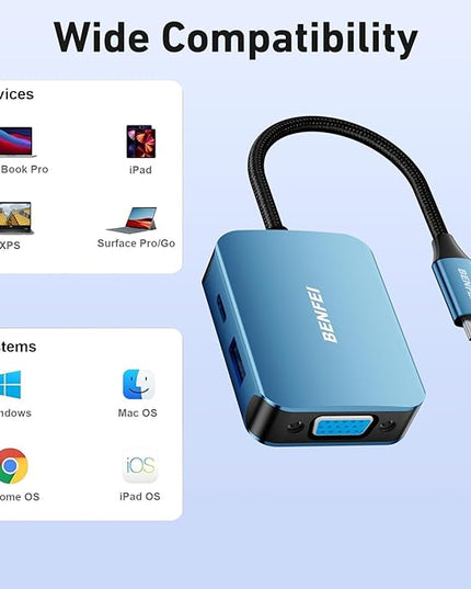 BENFEI USB C HUB 4-in-1, USB Type-C to HDMI VGA Adapter, USB C to USB Adapter, USB Type-C Power Delivery, Compatible with iPhone 15 Pro/Max, MacBook Pro/Air 2023, iPad Pro, iMac, S23, XPS 17