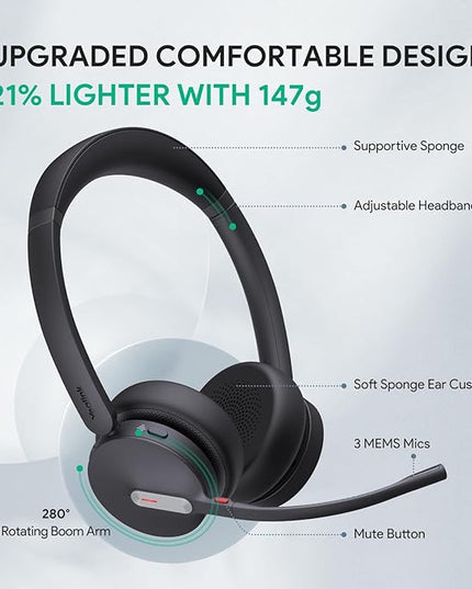 Yealink BH70 UC Wireless Bluetooth Headset with Microphone for Work, up to 35h Talking Battery, Teams UC Compatible Headsets for Computer Mobile, 147g Lightweight Headphone for Open Office 50m Range