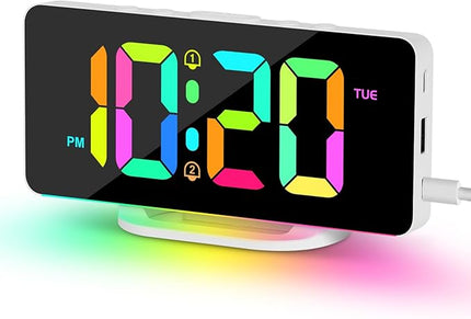 ALANAS RGB Digital Alarm Clock, Color Changing Mood Light with 10 Colors, Dual Alarm with Snooze, Dimmable Display, USB Charger, Adjustable Volume, Plug in, Bedroom Desk Clock for Teens, Adults