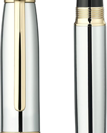 BEILUNER 315 Silver Chrome Fountain Pen,Stunning Luxury Pens with 24K Gold Accents, Gorgeous 24K Gilded Nib(Medium), Ink Converter,Fancy Pen Gift for Men&Women-Elegant, Office, Reliable, Nice Design