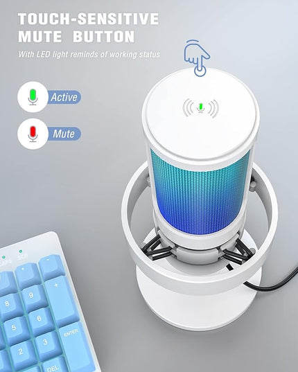 FIFINE Gaming USB PC Computer RGB Microphone for Live Streaming, Meeting, Podcasting, Video, Condenser Mic with Monitoring Headphone Jack, Light Control, for MAC OS/Windows-AmpliGame A8 White