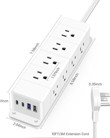 30W USB C Power Strip Surge Protector,4 Side 12 Outlets Desk Power Strip with Ultra Thin Flat Plug,PD Fast Charing,2 USB-C,2 USB-A(USB Total 40W),10ft Flat Extension Cord with Multiple Outlets,1200J