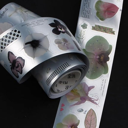 Qojai 2 Rolls Vintage Floral Washi Tape Stickers Matte Silver Die-Cut Plant Flower Washi Tape for Journaling Scrapbook Supplies Pretty Wide Washitape Decorative Tapes for Crafts Scrap Booking Supples