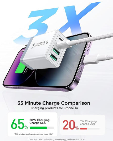 2 Pack USB C Wall Charger, 40W 4-Port USB C Fast Charger Block Dual Port QC+PD 3.0 Power Adapter, Multiport Type C Brick Charger with Lightning Cable for iPhone 14 13 12 11 Pro Max XS XR X 8 7 6 Plus