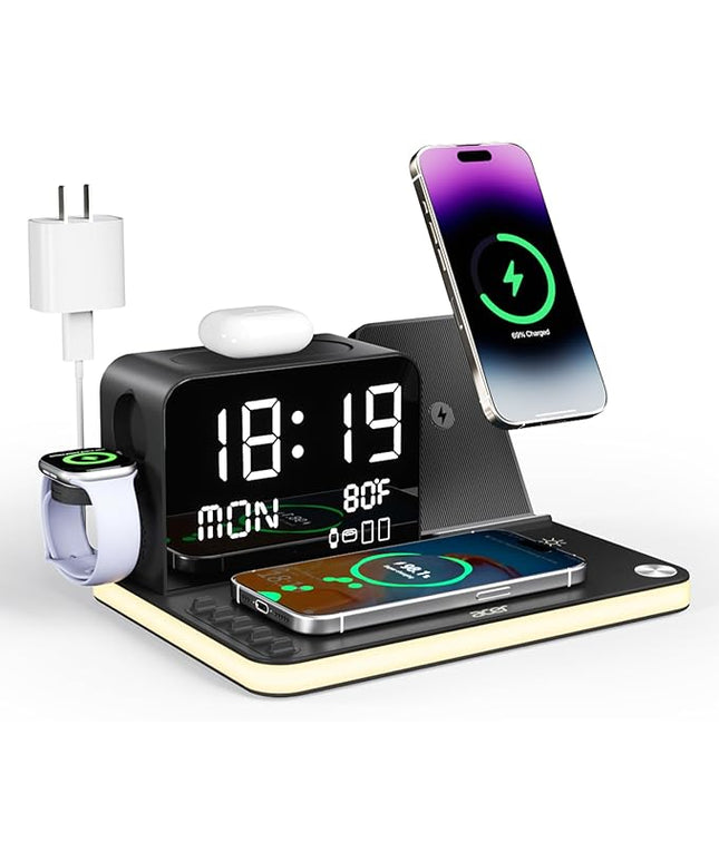 acer 7-in-1 Wireless Charging Station: Charger Stand for Multiple Devices for Apple - iPhone 16 15 14 13 12 Pro Max Apple Watch Airpods, Wireless Charger iPhone Charging Station with Bluetooth TimeSyn