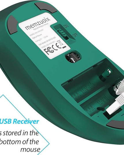 memzuoix 2.4G Wireless Mouse, 1400 DPI Computer Mice USB Receiver, Portable Wireless USB Mouse Battery Powered Cordless Mice for Laptop, PC, Desktop, 5 Buttons (Dark Green)