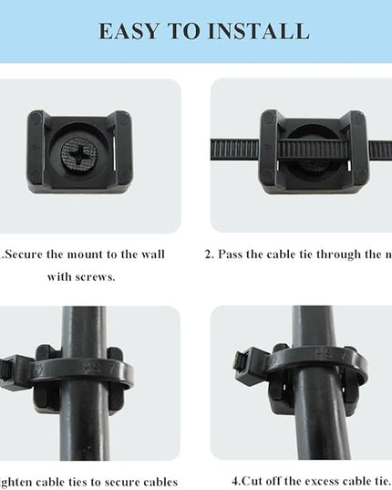 HS Saddle Type Cable Zip Tie Mounts Base Kit with Screw Hole,Set Strong 6 Inch Nylon Cable Ties and Screws Each 100 PCS,Wire Clips Anchor Management Fastener for Baseborad,Wall or Desk,Black