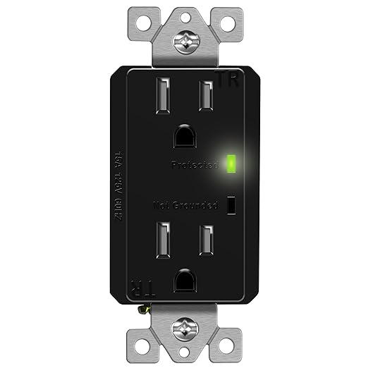 TOPGREENER Surge Protector Receptacle with Grounding Indicator, Child Safe, Tamper-Resistant, Self-Grounding, 900 Joules, 2-Pole, 15A 125V, UL Listed, TGTRSS215R-BK, Black