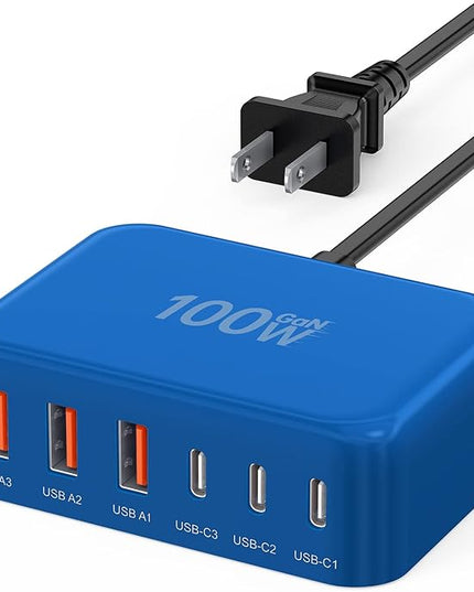 USB C Fast Charger, 100W GaN 6 Port Type C Charging Station Hub Block Cube, USB C Wall Charger Power Strip Adapter Plug for iPad iPhone 17 16 15 14 13 12 Pro Max Pixel Note Galaxy, 5ft Cord