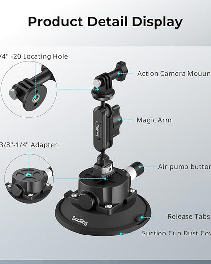 SMALLRIG 4.5" Suction Cup Mount with Ball Head Magic Arm, Camera Mount for DJI Osmo Action 5 Pro/4, for Insta360 x5, for Gopro 13/12,on Car Windshield or Window, Compatible with Action Cameras-5855
