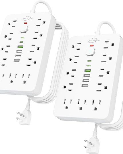 2 Pack 6 FT Flat Plug Surge Protector Power Strip,11 Multiple AC Outlets with 6 USB Ports (2 USB C), 6 Feet Extension Cord, 1250W/10A, One Touch Switch Button, 17 in 1 Compact powerstrip