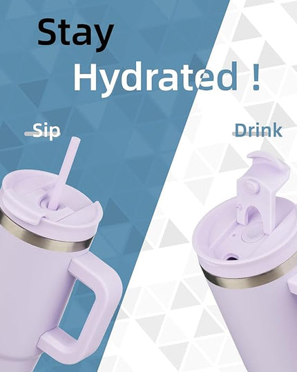 40 oz Tumbler with Handle and 2 Straws,2 in 1 Lid Insulated Water Bottle Stainless Steel Travel Coffee Mug,Wisteria