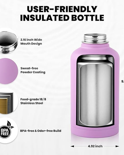 Insulated Water Bottle 64 oz, Triple Wall Vacuum Stainless Steel (Cold for 48 Hrs), Leak Proof & Non-BPA, Half Gallon Water Flask Jug with Paracord Handle & Straw Spout Lids, Lilac