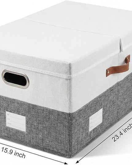 PRANDOM Storage Bins with Lids [3-Pack] Linen Fabric Foldable Storage Boxes Organizer Containers Baskets Cube with Cover Grey&White (23.4X15.9X11.4)
