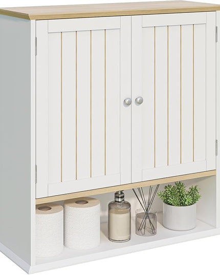 Over The Toilet Bathroom Wall Cabinet with 2 Doors & Open Shelf – Space Saving Medicine Cabinet, Wooden Wall Mounted Storage Cupboard for Bathroom Organization White