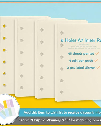 A7 Planner Refill,4 Pcs per Set, 360pages, Plain Blank Paper, with Label Stickers Gift,Mini Binder Refills,6 hole/100gsm Thick Paper/4.84 x 3.23'', Harphia