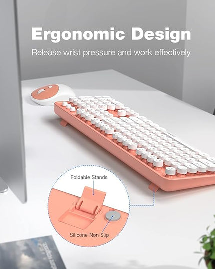 MOFII Wireless Keyboard and Mouse Combo, Computer Full Size 2.4G Plug and Play Wireless Typewriter Retro Round Keyboard and Mouse Set for Windows, Computer, Desktop, PC, Notebook - (Light Orange)