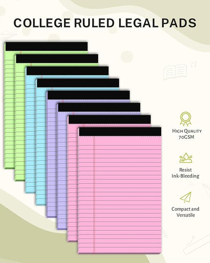 24 Pack Note Pads 5x8, Narrow Ruled Legal Pad, Multicolor Small Notepads, 30 Sheet/Notepad, Colored Lined Paper, Pink Legal Pad, Purple Notepad, Perforated Lined Note Pads for College, Office, Home