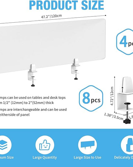 Desk Divider 4 Pcs Desk Privacy Panel 47.2''L x 15.8W'' Office Partitions Frosted Acrylic Panel Pack of 4 Desk Divider Partition with Adjustable Universal Base