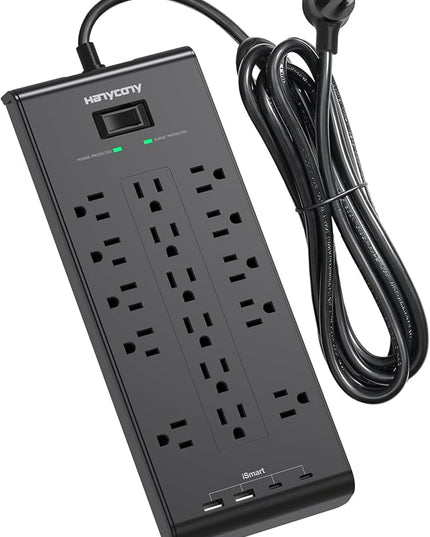 Extension Cord 15 Ft, HANYCONY Power Strip with 16 Oultets 4 USB Ports(2 USB C), 2700 Joules Heay Duty Surge Protector, Flat Plug, Wall Mount for Home Office, ETL Listed, Black
