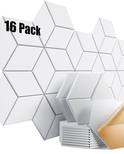16 Pack Self-Adhesive Acoustic Panels 12" X 10" X 0.4" - Sound Proof Foam Panels for Walls with High Density, Y-Lined Design, Flame Resistant, Absorb Noise and Eliminate Echoes(White)