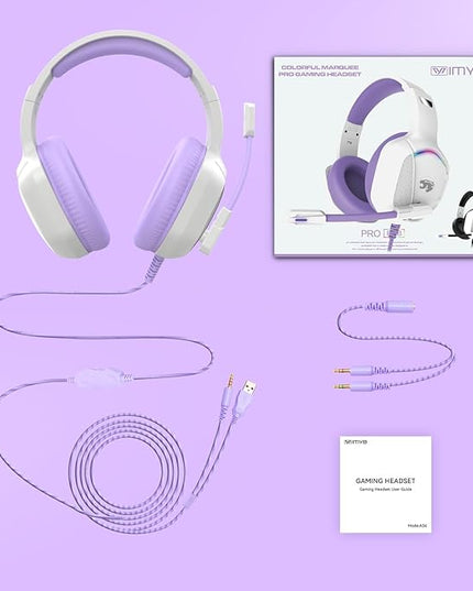 Gaming Headset with Microphone for Pc, Xbox One Series X/s, Ps4, Ps5, Switch, Stereo Wired Noise Cancelling Over-Ear Headphones with Mic, RGB, for Computer, Laptop, Mac, Nintendo (White Purple)