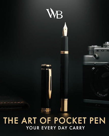 Wordsworth and Black Fountain Pen Mini EDC: Luxury Black Heavy Pocket Pen, Gold Finish, Medium Nib, 6 Ink Cartridges, Ink Converter, Travel Refillable Writing Pen Gift Set, Men & Women