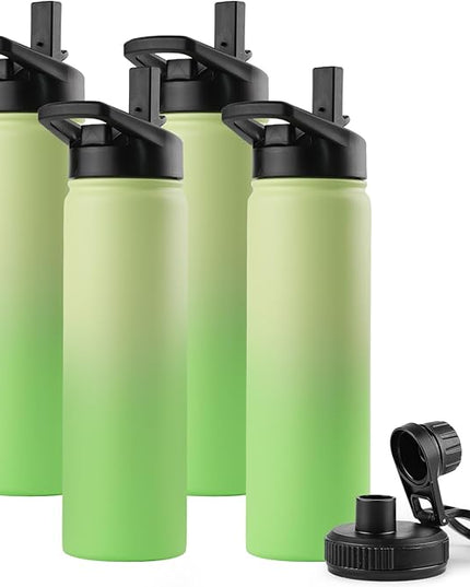 DOMICARE Insulated Water Bottle, 22 oz Vacuum Insulated Stainless Steel Reusable Sports Bottle with Straw Lid & Spout Lid for Travel, Camping, Bike, Leakproof, Green Gradient, 4 Pack