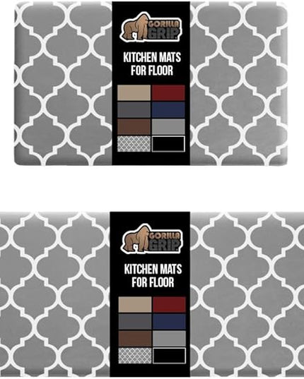 GORILLA GRIP 2 Pack Comfortable Cushioned Kitchen Mats for Floor, 17x29 + 17x59, Waterproof, Stain Resistant, 1/2 Inch Thick Ergonomic Standing Desk Anti Fatigue Mat, Foam Supports Feet, Grey White