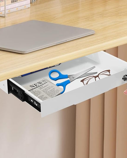 14.17" Under Desk Storage Drawer, Locking Design White Sliding Pull-Out Drawer for Sit Stand Workstation