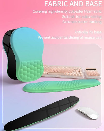 Hokafenle 2in1 Combination, Wave Keyboard Wrist Rest and Ergonomic Curvature Mouse Pad Wrist Support for Relieve Wrist Pain, Filled with Soft Cushion Memory Foam, Gradient Green